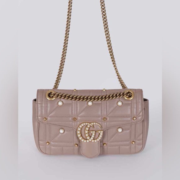Gucci Pearly GG Marmont Flap Bag Embellished Matelasse Leather Small - Picture 12 of 14